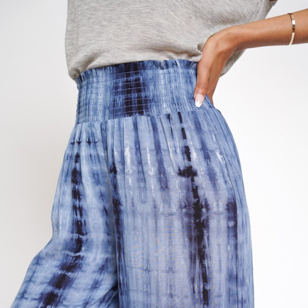 Mystree Blue Tie Dye Wide Leg Cropped Pants Summer Boho Beachy Casual - Picture 6 of 6